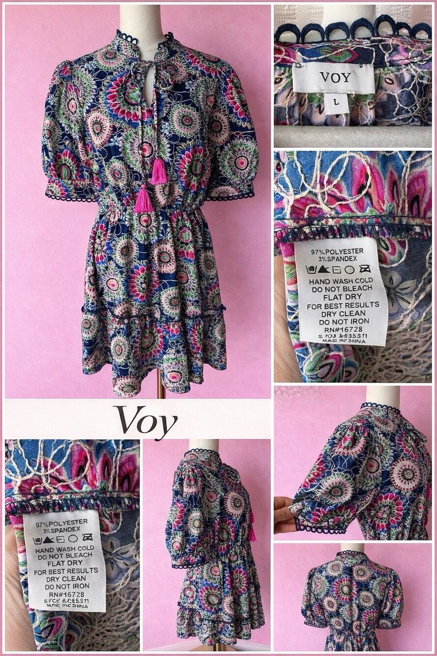 VOY Dress Navy Floral Eyelet Embroidered Short Sleeve Lined Ruffle Large